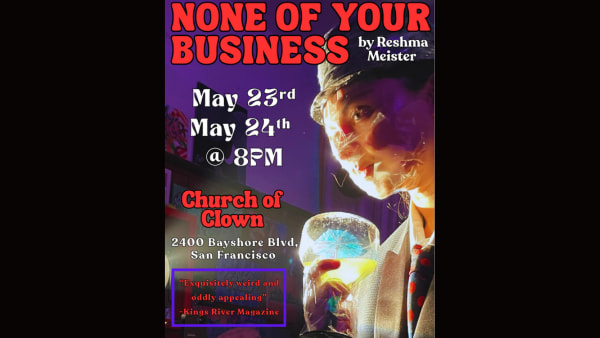 purple background with bold red text that reads "None of Your Business." A person with a black hat and beige suit jacket hold