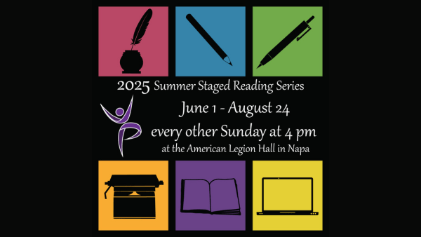 Block colors with graphics of writing tools. 2025 Summer Staged Reading Series, every other Sunday at 4 pm, June 1 - August