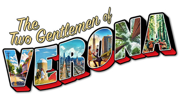 Title treatment for The Two Gentlemen of Verona. Postcard style script .