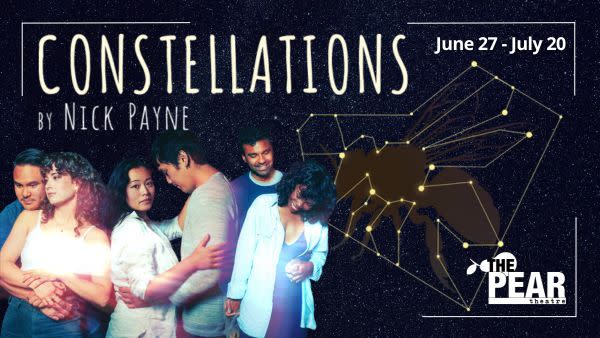 Four couples lined up with Bee constellation backdrop and title Constellations by Nick Payne.