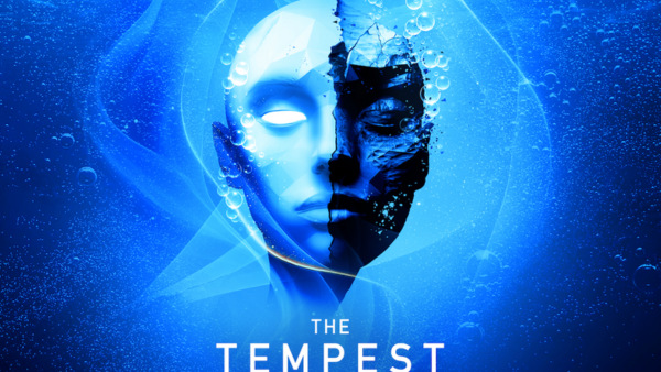 This bright blue graphic features a face half masked, under water, surrounded by swirling bubbles and waves.
