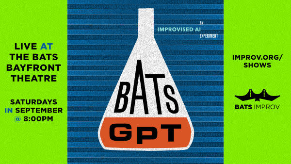 On left side "Live at the BATS BAYFRONT THEATRE SATURDAYS IN SATURDAYS @ 8PM" centered on lime green background. Center on bl