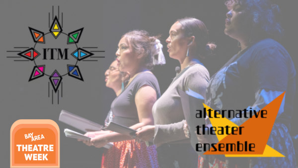 Four Native actors hold scripts while performing on stage, with In the Margin and Alternative Theater Ensemble logos to the l