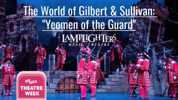 A scene from "Yeomen of the Guard". British soldiers in red uniforms are scattered at posts across an ominous and moonlit sta