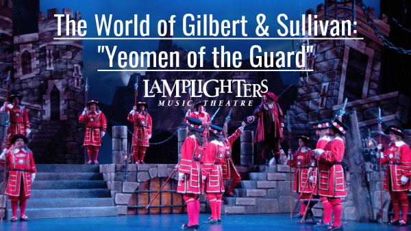 A scene from "Yeomen of the Guard". British soldiers in red uniforms are scattered at posts across an ominous and moonlit sta