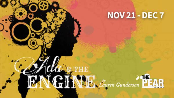 Female presenting silhouette with cogs and colorful background. Ada & The Engine title by Lauren Gunderson underneath silhoue