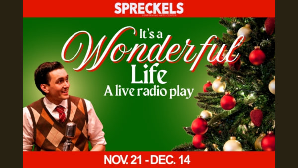 A young man smiles while holding 1940's style microphone with Christmas tree, plus show logo for It's a Wonderful Life: A Liv
