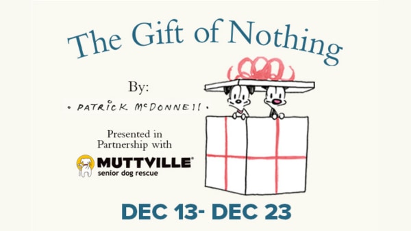 Drawn in comic book style, Mooch the cat and Earl the dog peak their heads out of a gift box.