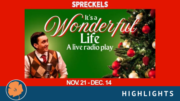 A young man smiles while holding 1940's style microphone with Christmas tree, plus show logo for It's a Wonderful Life: A Liv