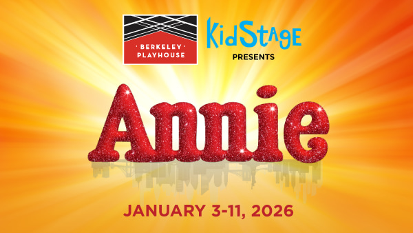 On top of an orange and yellow gradient background is the show title ANNIE in red glittery font. Reflected under the title is