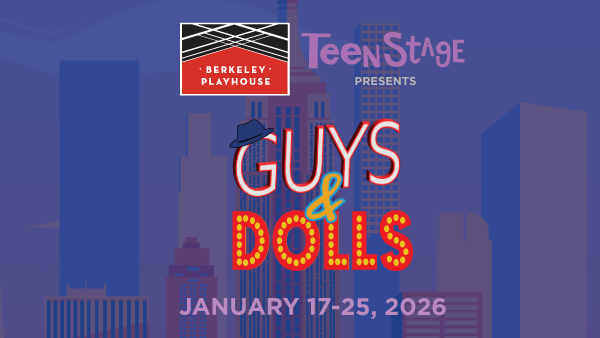 On top of a background with New York City skyscrapers is the show title GUYS & DOLLS in differing font styles and a 1950's st