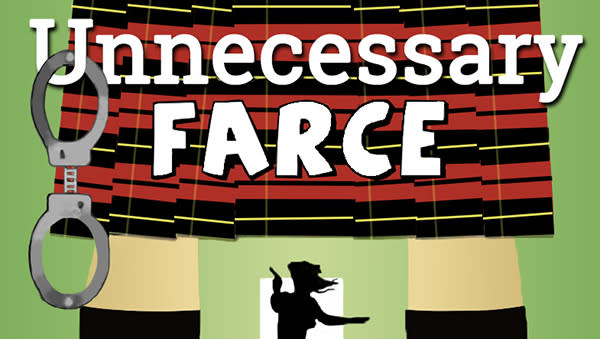This graphic represents some aspects of the production.. a police officer, handcuffs, and a Scottish kilt