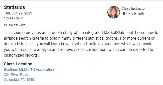 Statistics Course Description at Realtracs Website