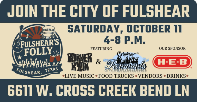 Promotional flyer for Fulshear's Folly event hosted by the City of Fulshear on Saturday, October 11 from 4-8pm