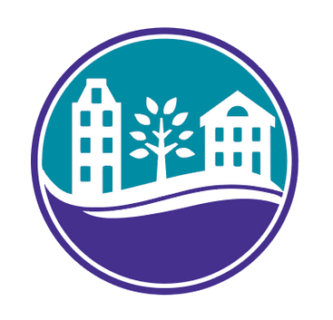 Mainstay Logo, outline of two buildings and a tree with a teal sky and purple ground