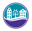 Mainstay Logo, outline of two buildings and a tree with a teal sky and purple ground