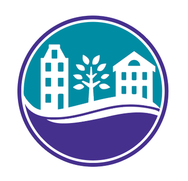 Mainstay Logo, outline of two buildings and a tree with a teal sky and purple ground