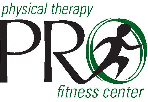 Green words Physical Therapy above black word PRO followed by green words fitness center