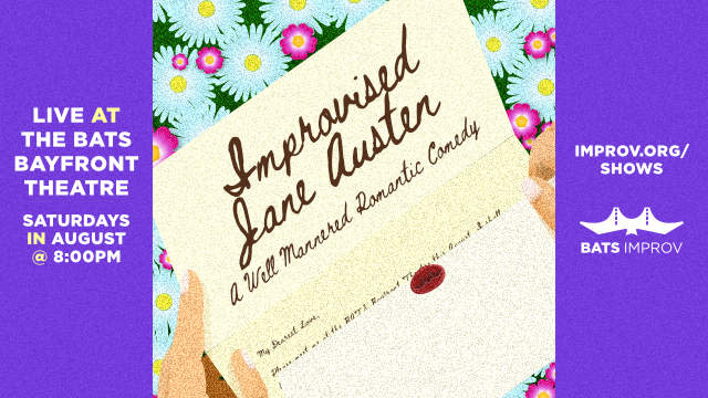 left side on purple background in white lettering "live at the bats bayfront theatre, saturdays in august at 8pm. Center grap