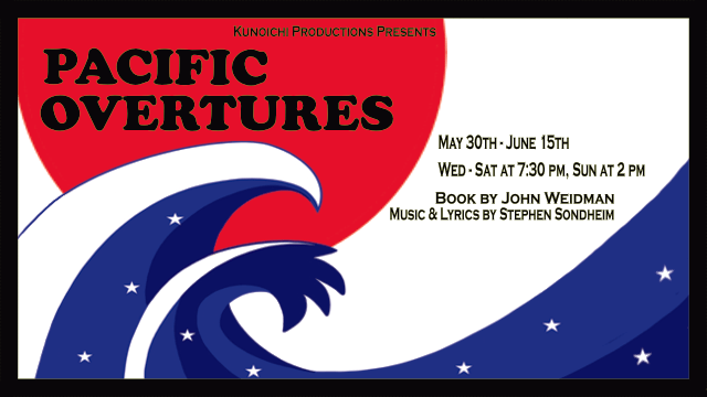 White waves over a blue sea under a red sun. Caption reads: "Pacific Overtures May 30 - June 15"