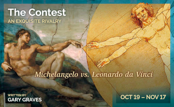 Graphic panel for the Central Works production of THE CONTEST; Michelangelo's image of Adam touching a superimposed