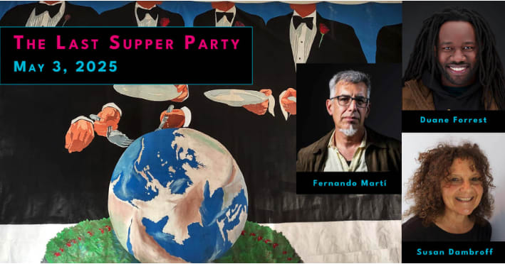 A group of faceless men in tuxedos appear ready to carve into the earth as if to eat of it; superimposed over the painting ar