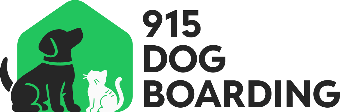 915 Dog Boarding company logo with a dog and a cat in front of a green house icon.