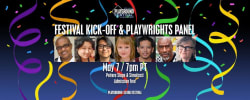 Horizontal image with the photos of seven diverse playwrights. Across teh top it reads "PlayGround 28th Annual Festival of Ne