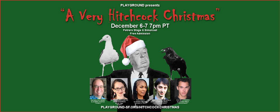 Black and white photo of Alfred Hitchcock in a santa hat with two birds on his arms, featuring photos of the playwrights on a