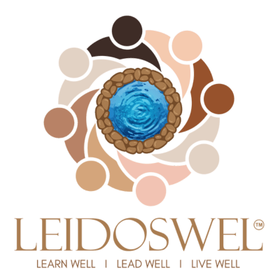 LEIDOSWEL logo of a diverse human silhouettes standing together around a well with blue water.