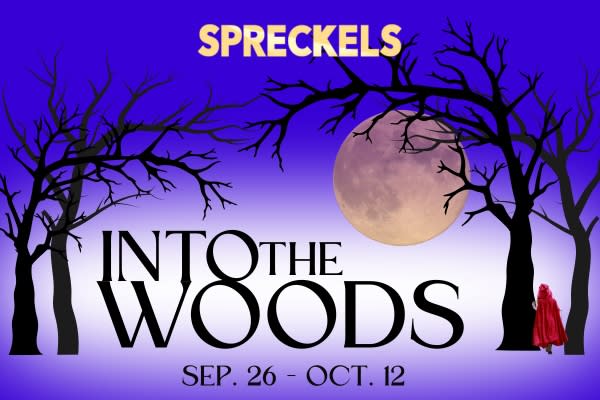 Litte Red Ridinghood walks into the misty woods with a full moon overhead