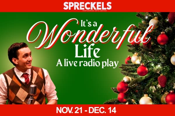 A young man smiles while holding 1940's style microphone with Christmas tree, plus show logo for It's a Wonderful Life: A Liv