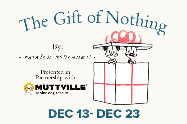 Drawn in comic book style, Mooch the cat and Earl the dog peak their heads out of a gift box.