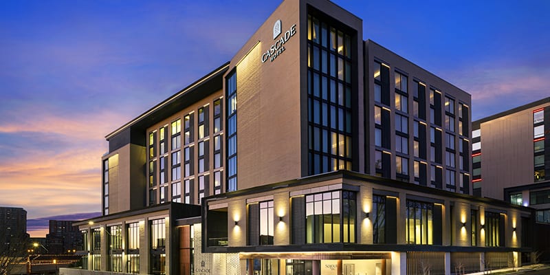 Exterior view of Cascade Hotel on the Country Club Plaza.
