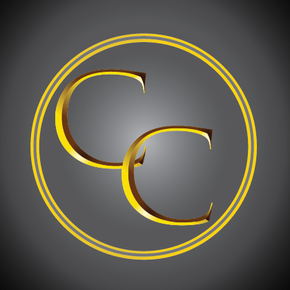 Chris Collucci Logo 2 gold coloured C's surrounded by a gold ring on black gradient background