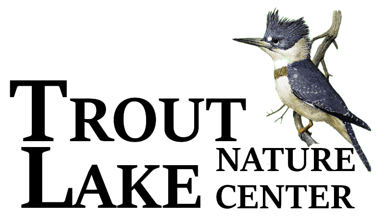Lettering with the name Trout Lake Nature Center with a kingfisher sitting on a branch on the right above the words nature ce