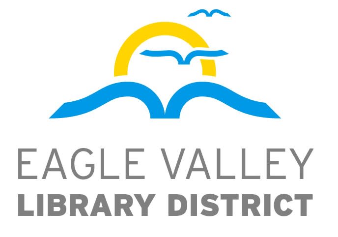 Eagle Valley Library District logo of open books that look at birds flying to a sun.