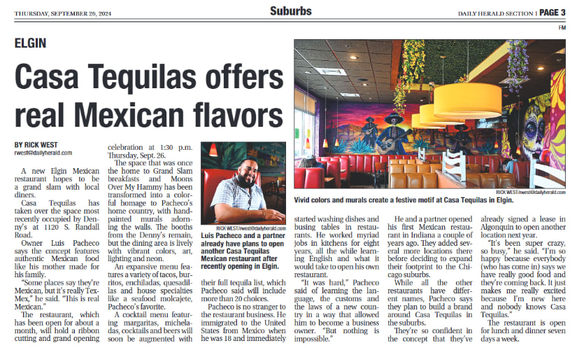 CASA TEQUILA MEXICAN GRILL NEWSPAPER ARTICLE