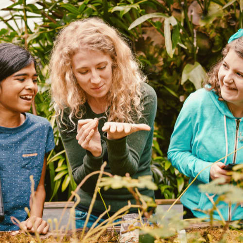 Photo of a teacher and students discovering a bug as they engage in outdoor learning.