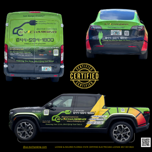 EV Charging LLC branded service vehicles with professional wraps promoting licensed EV charger installation services in South