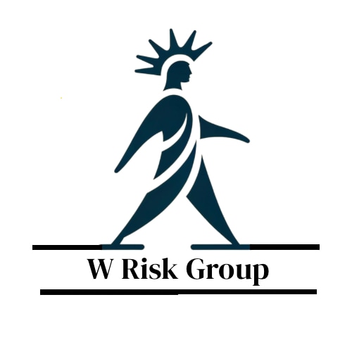 Stylized lady liberty striding atop the foundation of W Risk Group security