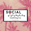 Social Dizfunksion Clothing Company Logo surrounded by light pink background with contrasting dark pink palm trees