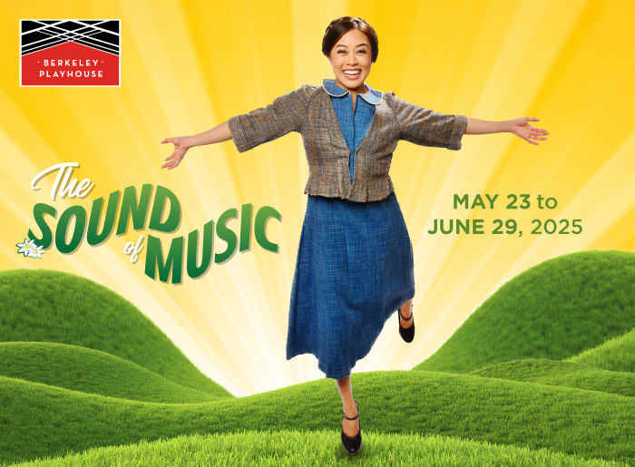 yellow background are green hills below and sun rays peeking out from them. actor in the middle has her arms out