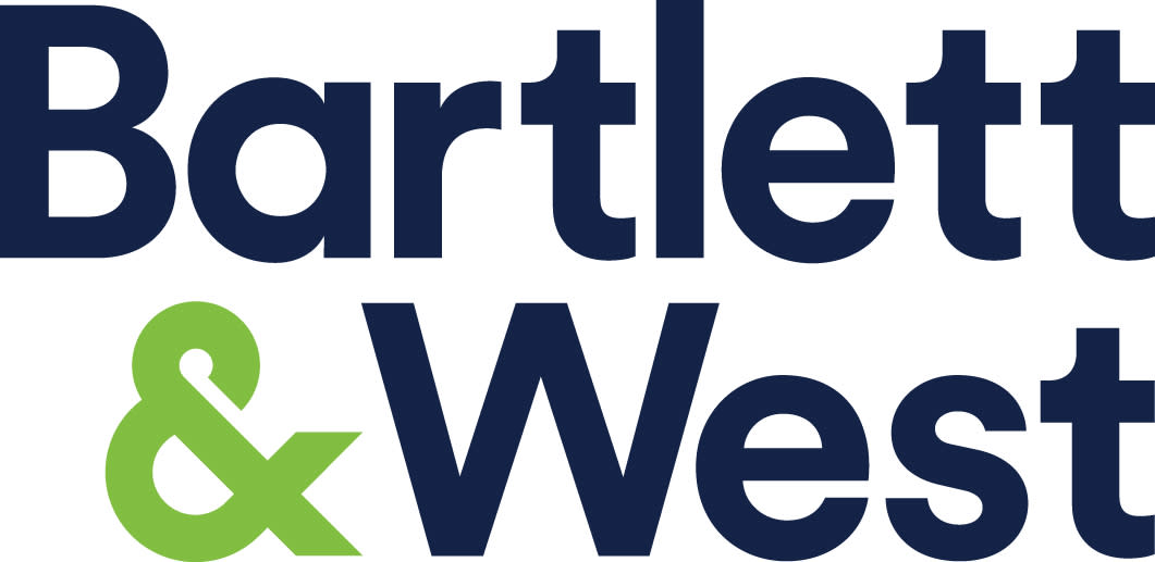 Bartlett & West logo. Bartlett and West are featured in dark blue with a green ampersand