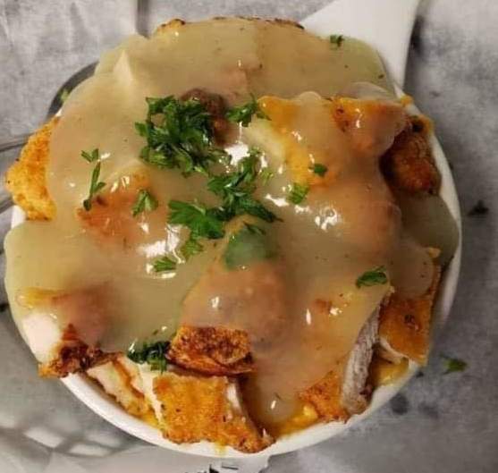 crispy chicken mashed potato bowl