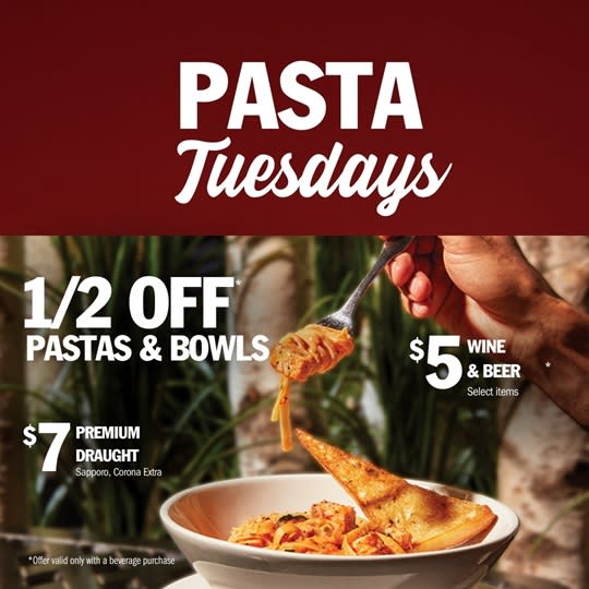 Pasta Noodle Specials Half Off regular price with Drink Specials $5 Wine & Draft