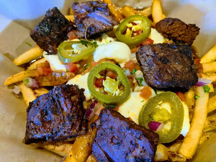 Smoked Brisket Burnt Ends Poutine-Heber Valley Cheese Banana Pepper Curds-Fresh Pico De Gallo-Goat Candy-BBQ Smoked Gravy