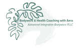 A monochrome green and white logo that says Bodywork & Health Coaching with Aera Advanced Integrative Bodyworx PLLC
