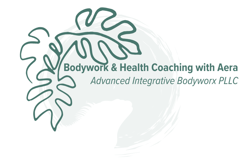 A monochrome green and white logo that says Bodywork & Health Coaching with Aera Advanced Integrative Bodyworx PLLC