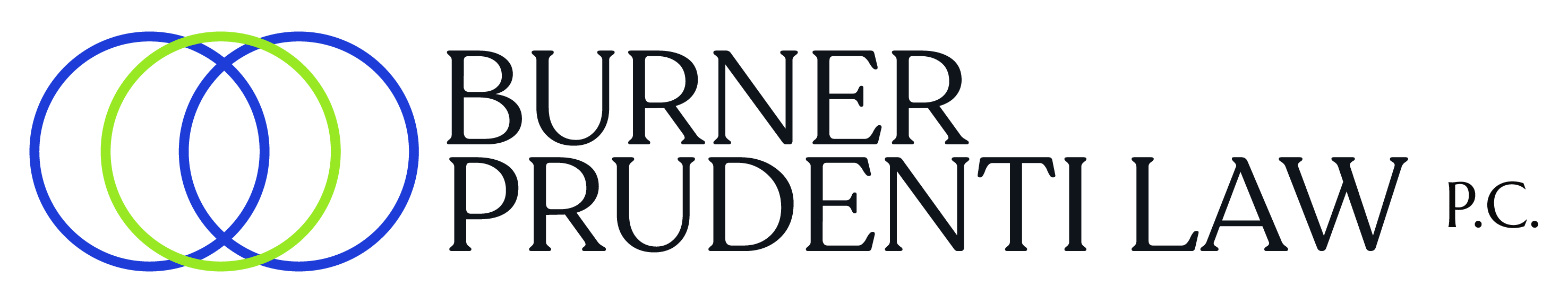 Green circle with two blue circles interlocked on both sides with text that reads Burner Prudenti Law P.C.